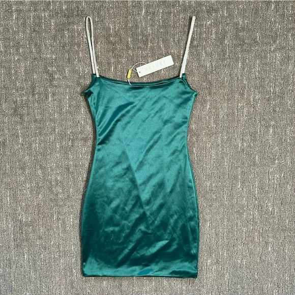NWT MESHKI Ruby Diamante Strap Mini Dress Emerald Green Size XS - Picture 4 of 9